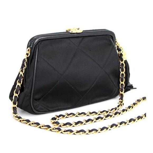 Chanel Fringed Clasp Chain Shoulder Bag Satin Black - Picture 2 of 6